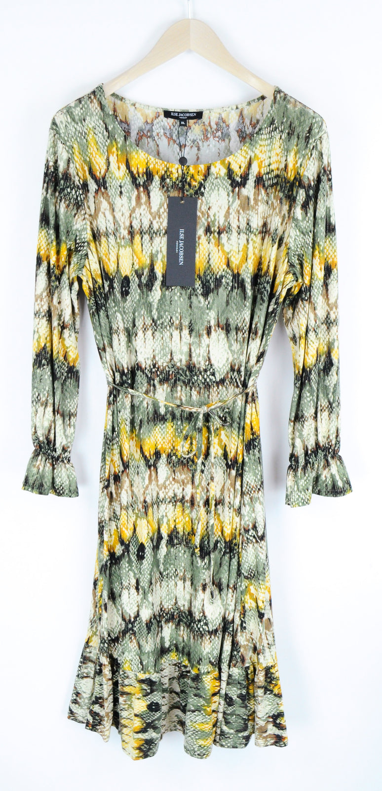 ILSE JACOBSEN Women Dress XL Green Snake Pattern Stretch Shiny Long Sleeve