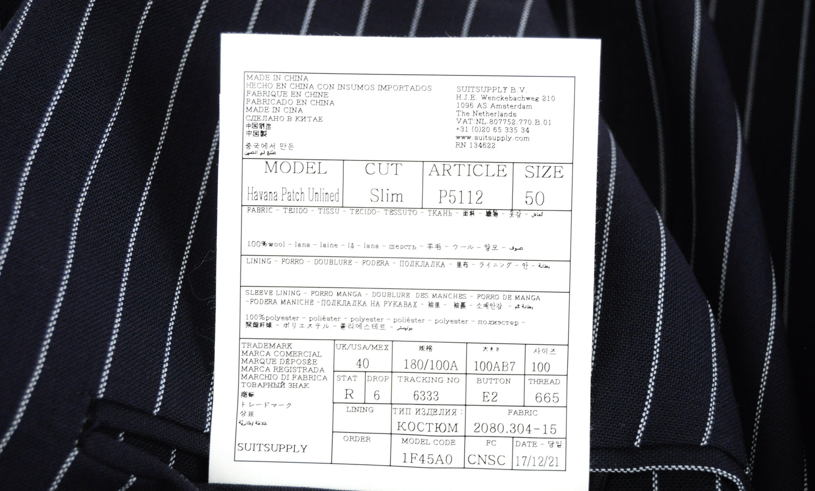 „SUITSUPPLY“ vyriškas „Havana“ švarkas, UK40R, tamsiai mėlynas, dryžuotas, priglundantis, grynos vilnos oficialus drabužis. 