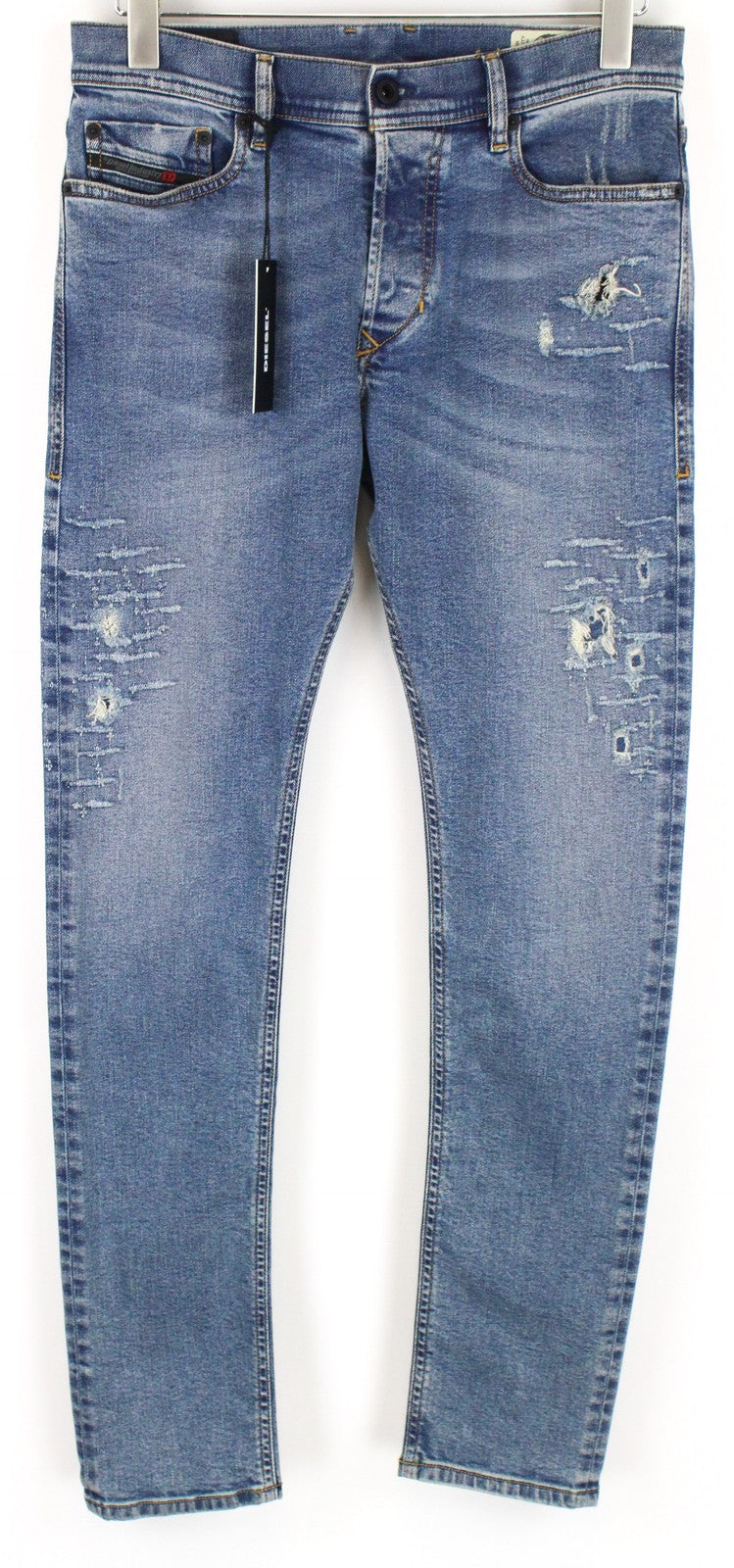 DIESEL Tepphar 080AC vyriški džinsai W27/L32 Slim morkų mėlynos spalvos, tamprios, plėšytos medvilnės 