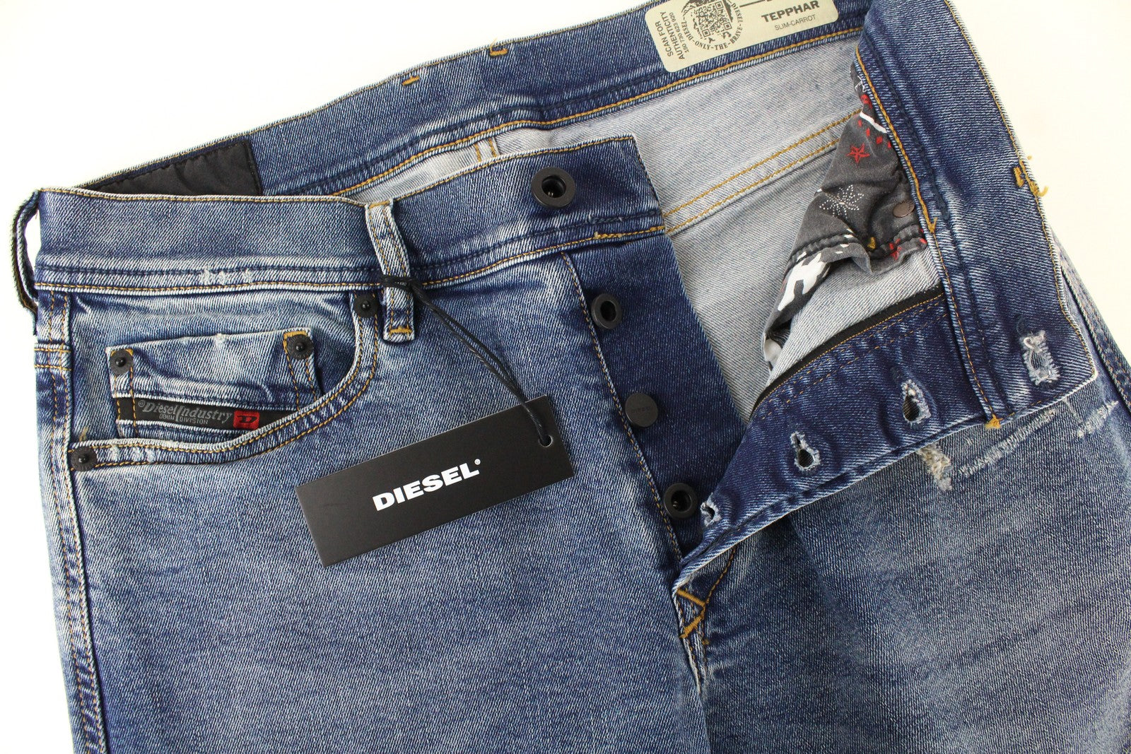DIESEL Tepphar 080AC vyriški džinsai W27/L32 Slim morkų mėlynos spalvos, tamprios, plėšytos medvilnės 
