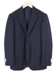 „SUITSUPPLY Lazio“ vyriškas švarkas UK40R, tamsiai mėlynas, vilnonis „Super 110“ plonas dryžuotas pamušalas 