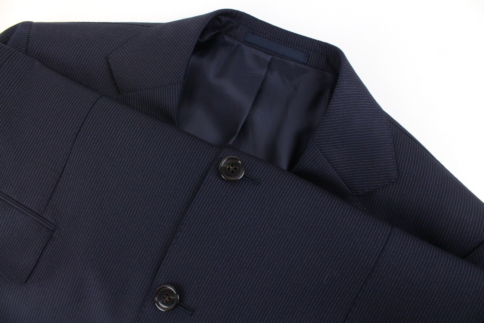 „SUITSUPPLY Lazio“ vyriškas švarkas UK40R, tamsiai mėlynas, vilnonis „Super 110“ plonas dryžuotas pamušalas 