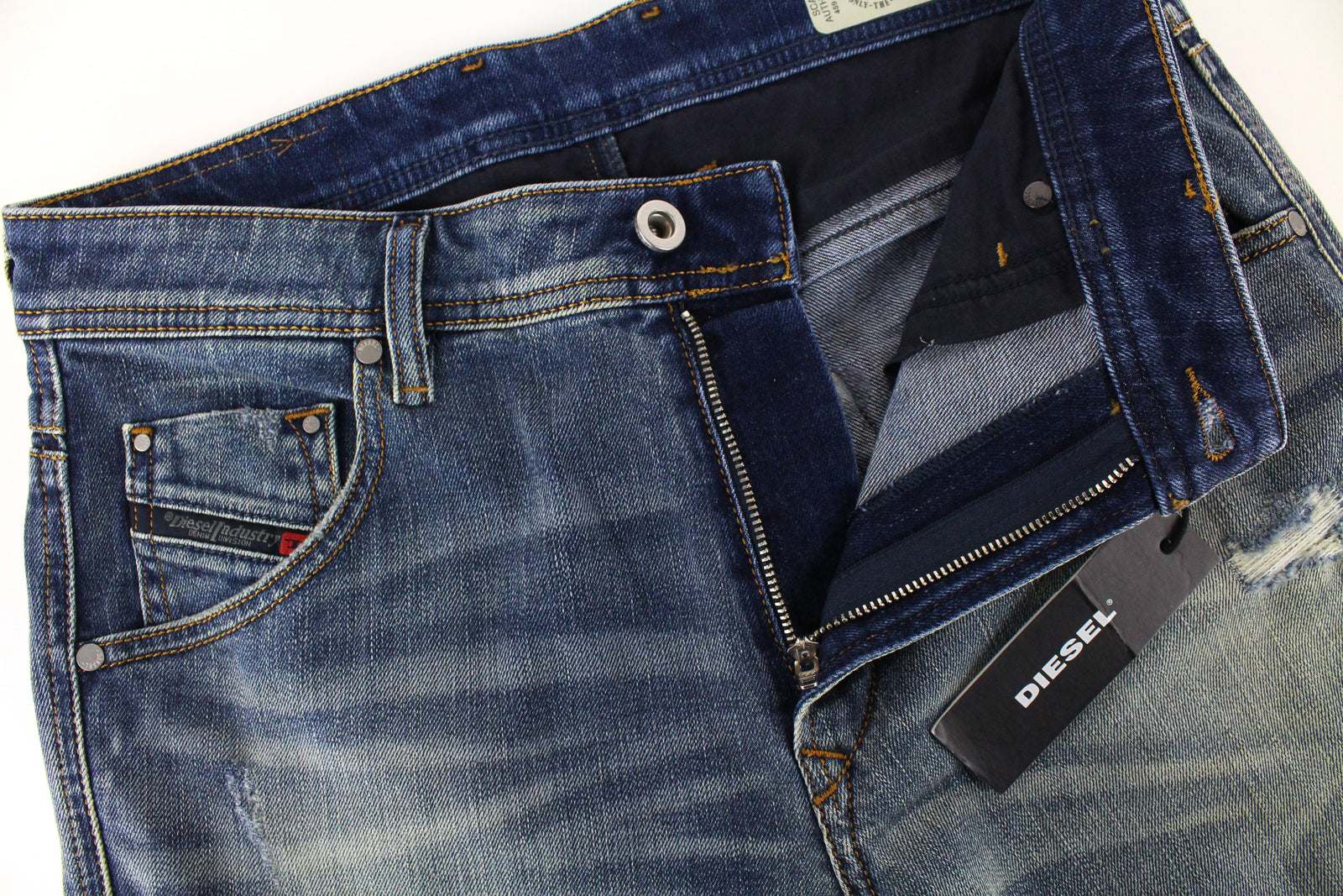 DIESEL Krayver R6ZD4 vyriški mėlyni džinsai W28/L30 Slim morkų rašto plėšytos medvilnės tamprės 