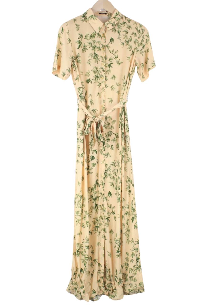 DENHAM Roxanne moteriška suknelė XS šviesiai ruda delnų raštu trumpomis rankovėmis 