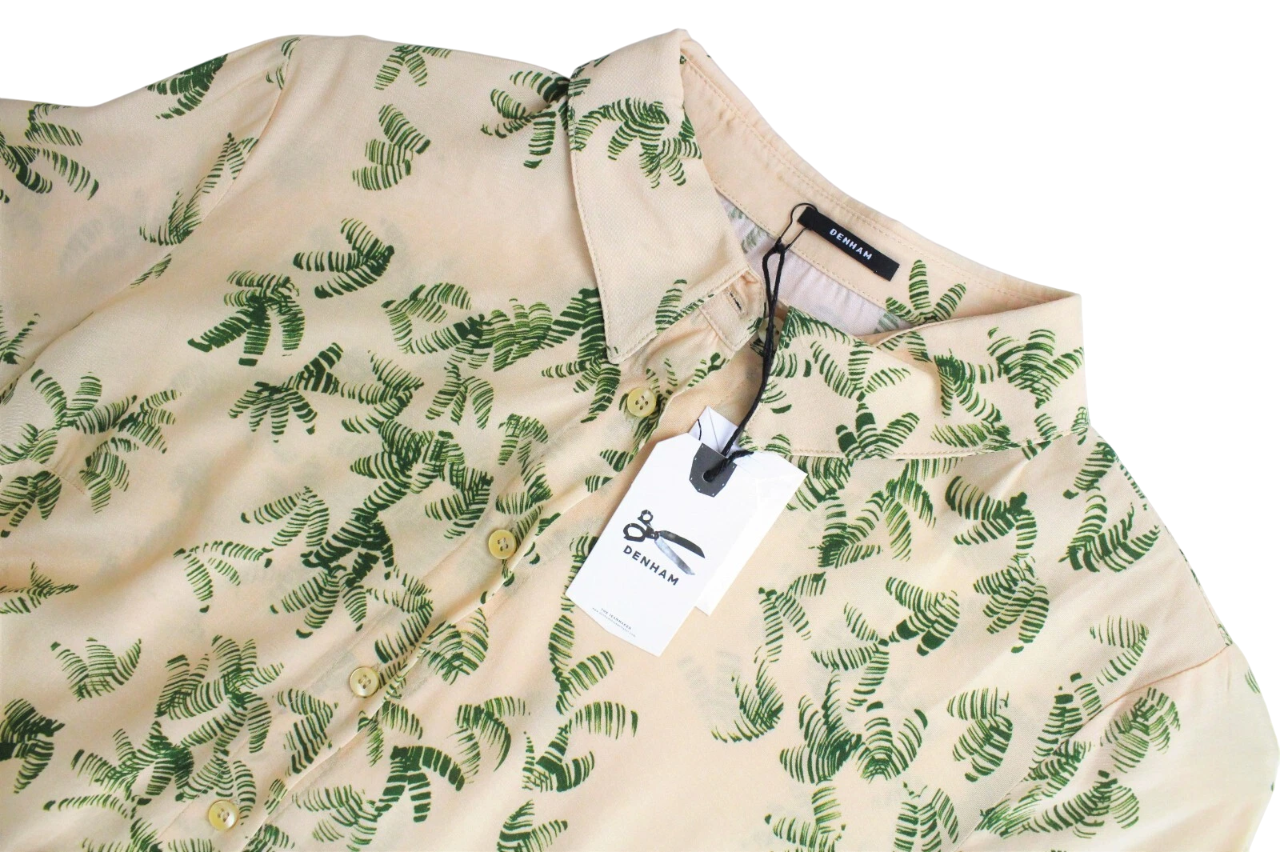 DENHAM Roxanne moteriška suknelė XS šviesiai ruda delnų raštu trumpomis rankovėmis 