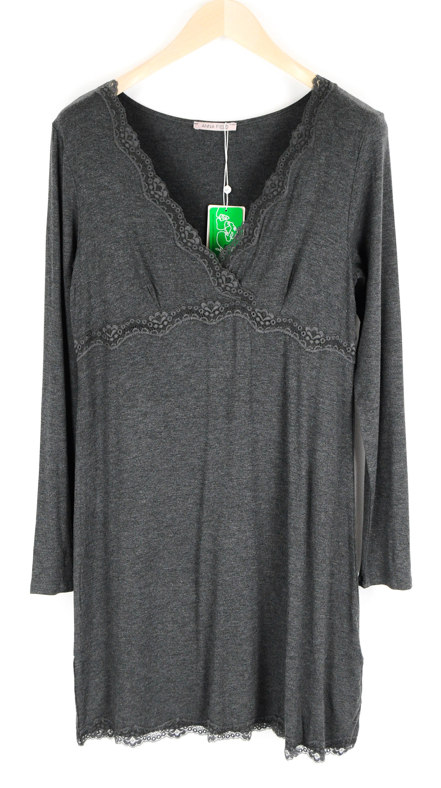 ANNA FIELD Women Dress L Grey Long Sleeve Over Knee Stretch Lace V-Neck Style