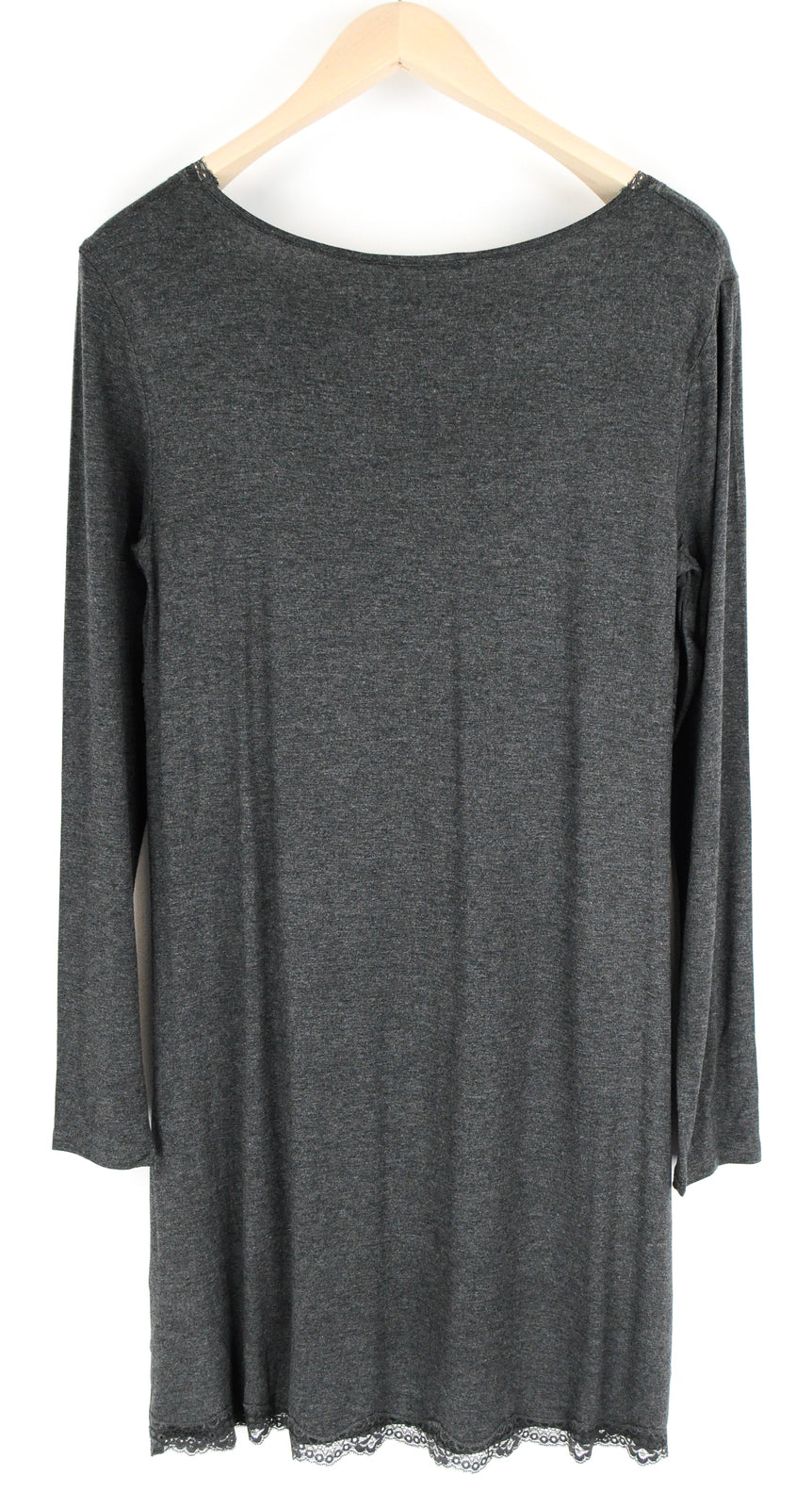 ANNA FIELD Women Dress L Grey Long Sleeve Over Knee Stretch Lace V-Neck Style