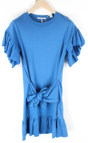 MAISON SCOTCH Women's Dress XS Blue Cotton Short Sleeve Frilled Belted