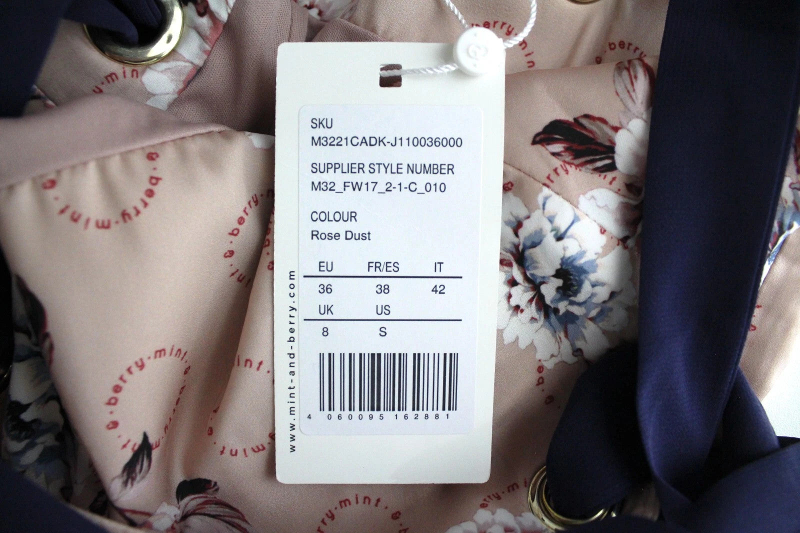 MINT &amp; BERRY moteriška suknelė UK8 dulkėtos rožinės spalvos raštuota be rankovių, vidutinio ilgio 