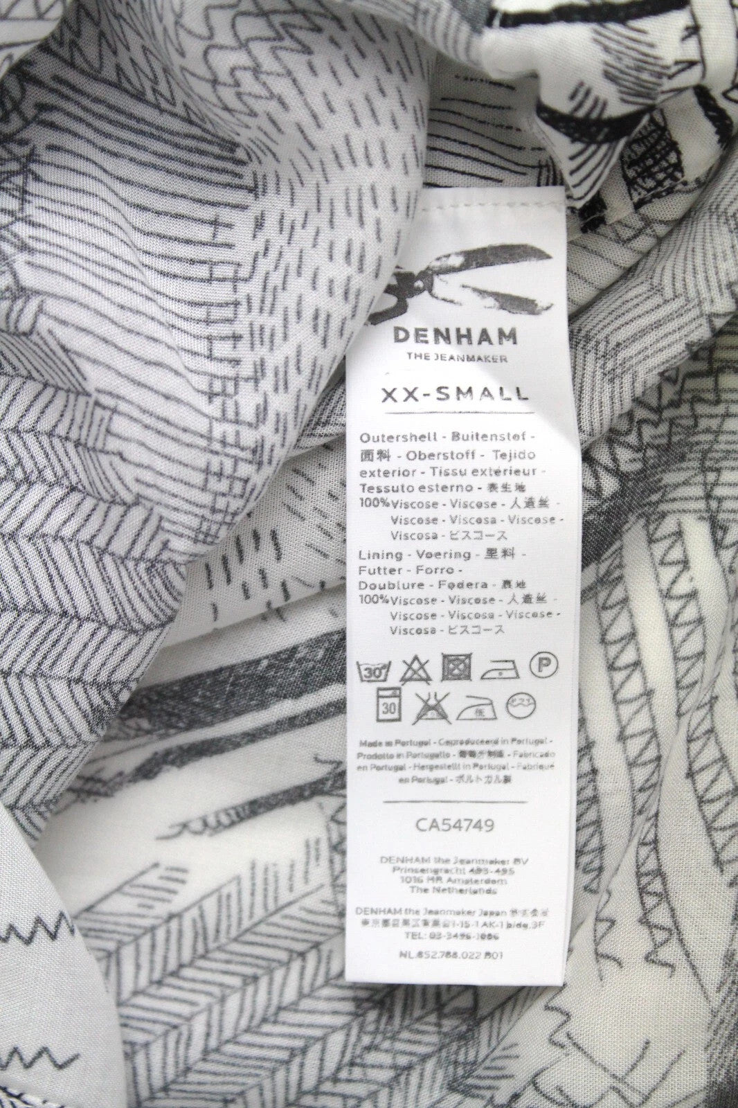 DENHAM moteriška 2XS suknelė balta raštuota trumpomis rankovėmis V formos iškirpte 2 viename 