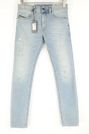 DIESEL Thommer 087AX vyriški mėlyni džinsai W27/L32 plėšyti, skalbti, ploni, aptempti džinsai 