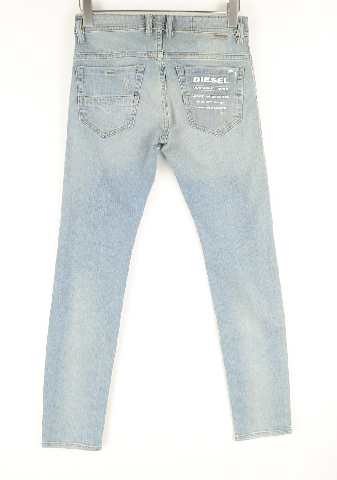 DIESEL Thommer 087AX vyriški mėlyni džinsai W27/L32 plėšyti, skalbti, ploni, aptempti džinsai 