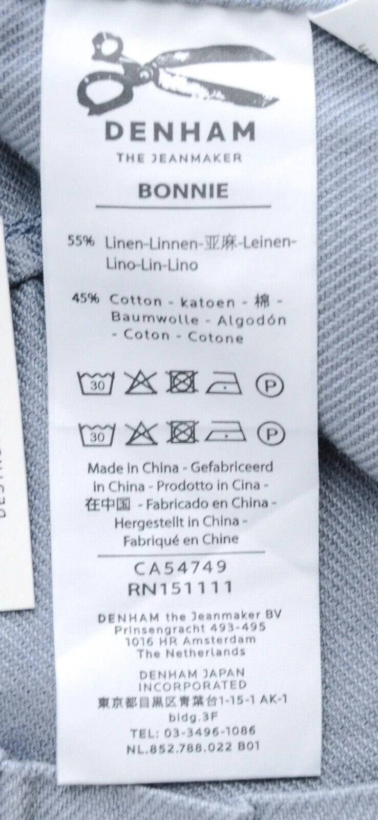 DENHAM Bonnie Women's Trousers W23/L28 Wide Blue Linen Cotton Painted