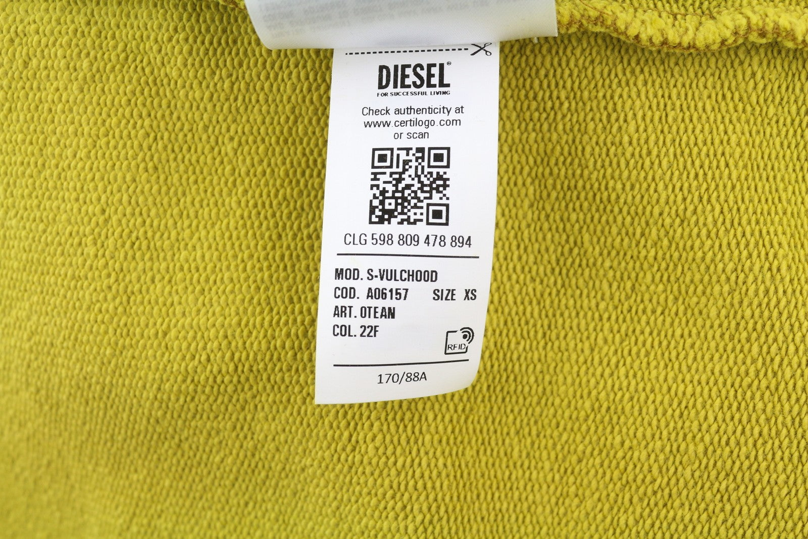 DIESEL S-Vulchood vyriškas džemperis su gobtuvu XS garstyčių spalvos megztinis su dideliu kengūros dydžiu, rekomenduojama kaina – 250 € 