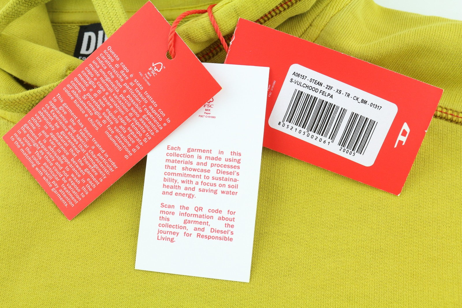 DIESEL S-Vulchood vyriškas džemperis su gobtuvu XS garstyčių spalvos megztinis su dideliu kengūros dydžiu, rekomenduojama kaina – 250 € 