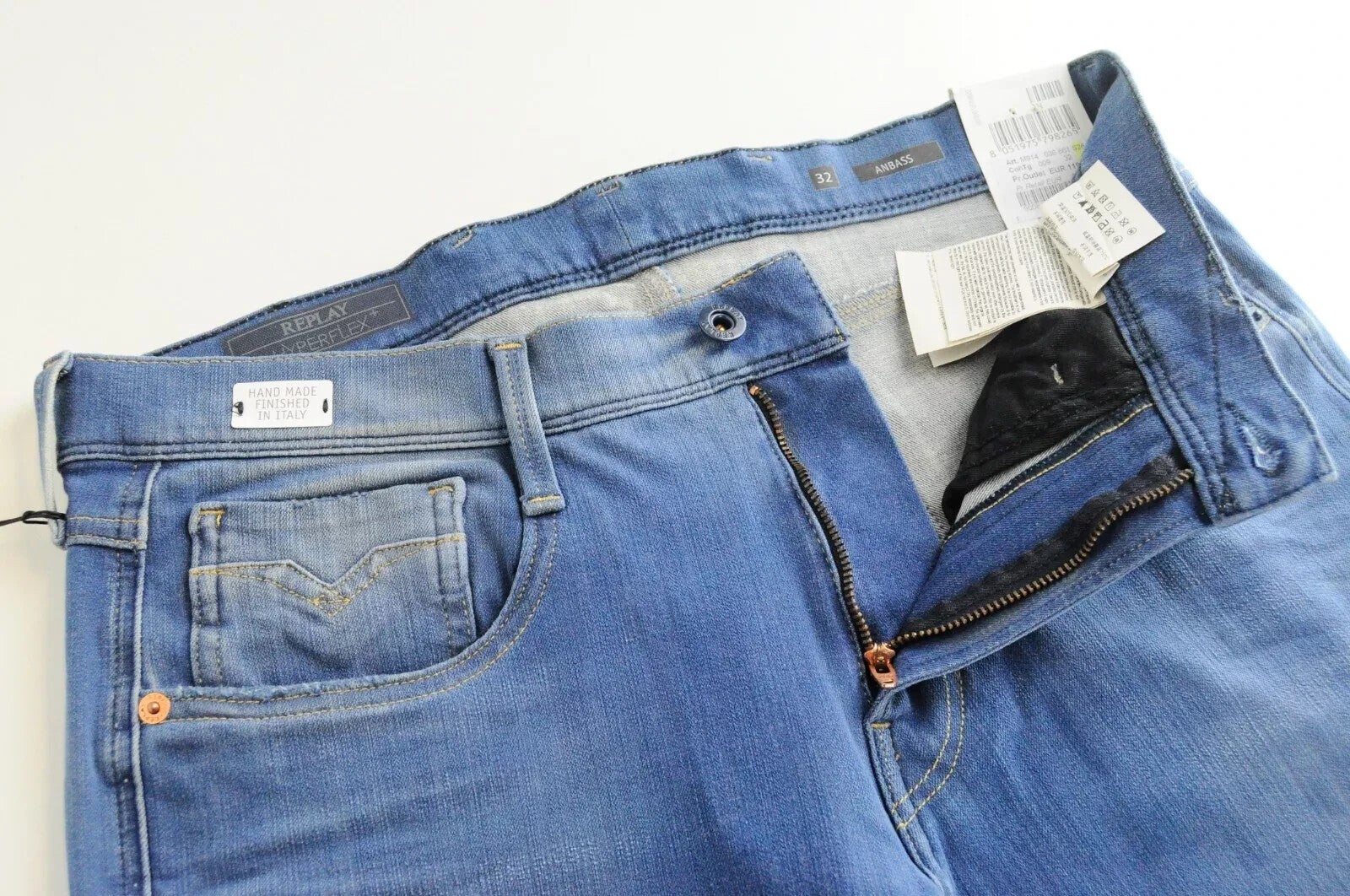 REPLAY Anbass vyriški džinsai W32/L36 Slim Fit, skalbtos mėlynos spalvos, 5 kišenės 