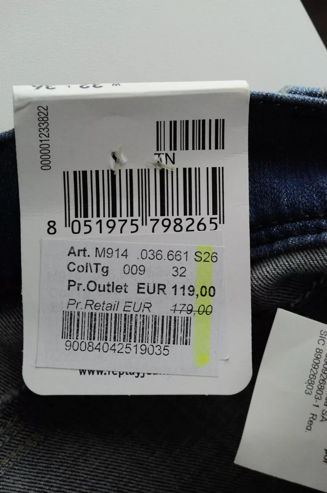 REPLAY Anbass vyriški džinsai W32/L36 Slim Fit, skalbtos mėlynos spalvos, 5 kišenės 