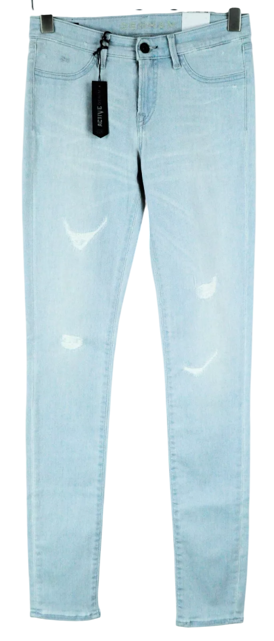 DENHAM purškiami moteriški džinsai W26/L32 itin aptempti, plėšyti, mėlyni, tamprūs 