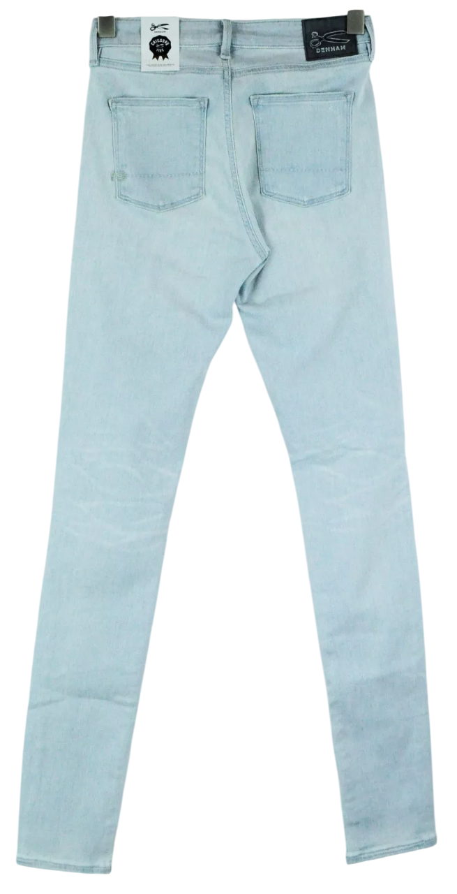DENHAM purškiami moteriški džinsai W26/L32 itin aptempti, plėšyti, mėlyni, tamprūs 