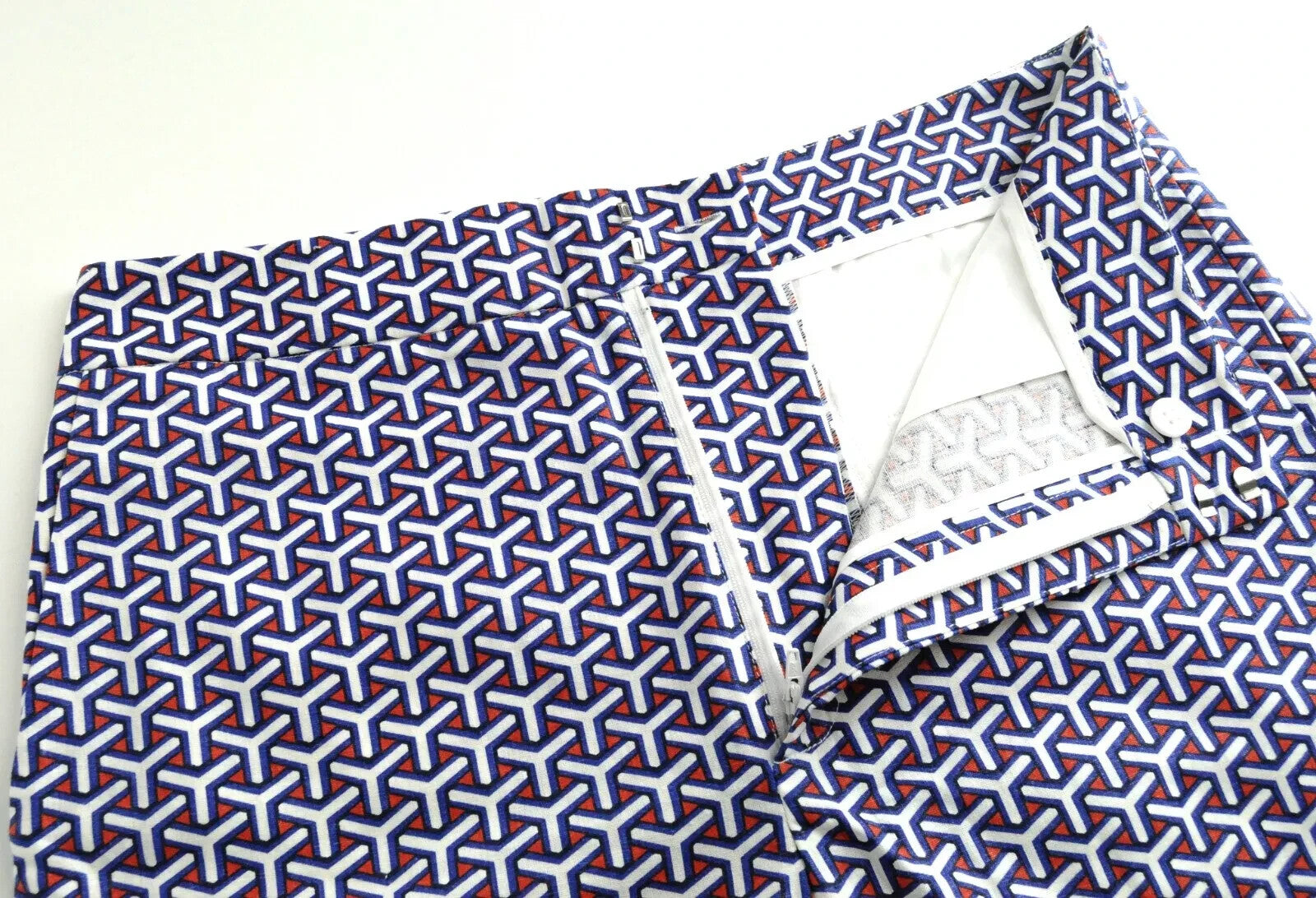 SUITSUPPLY moteriški šortai 40 mėlyni, raudoni, balti, raštuoti, vasariniai, su užtrauktuku 