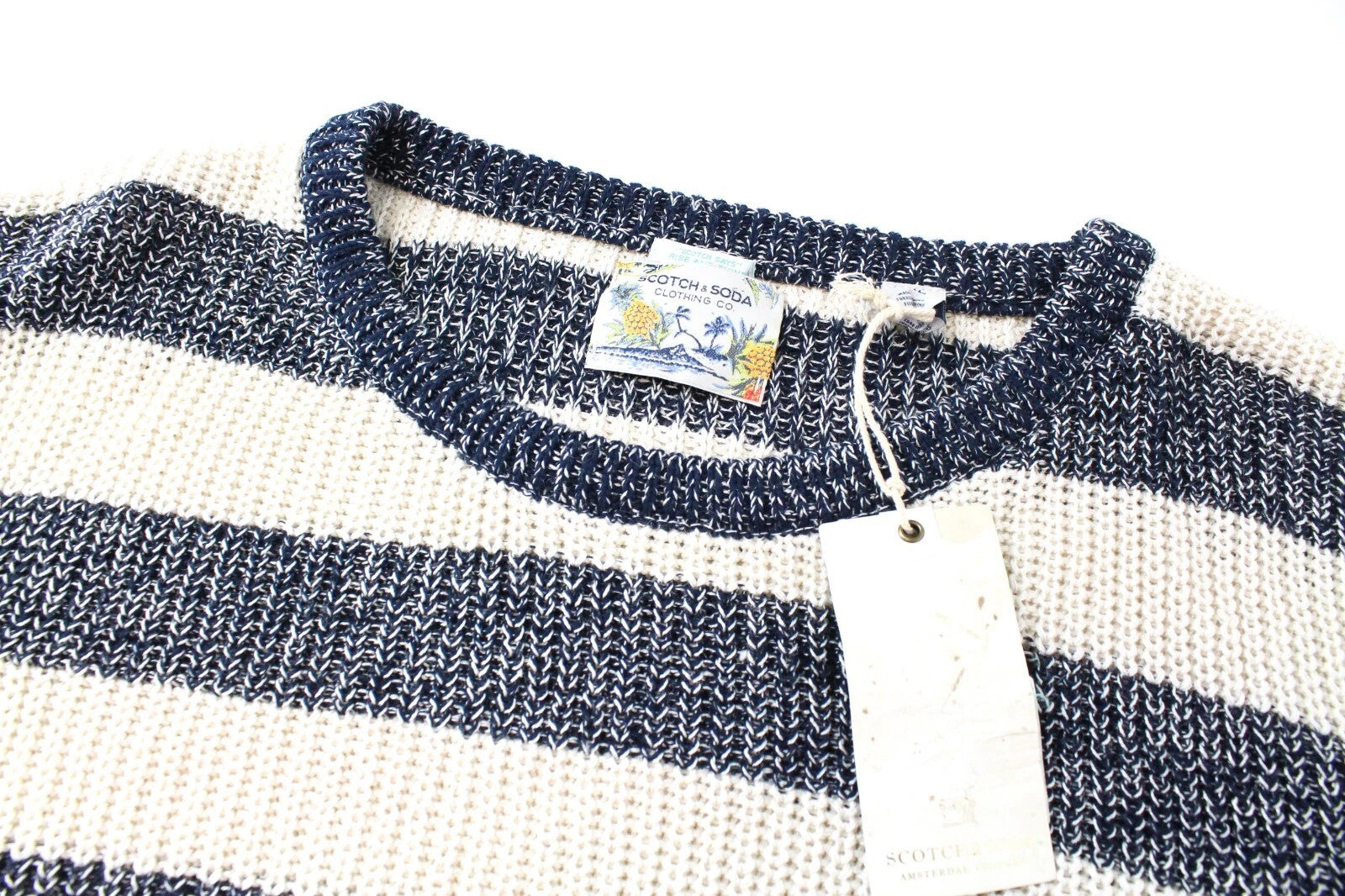 SCOTCH &amp; SODA Ams Couture vyriškas megztinis su smėlio spalvos dryžiais, megztas medvilnės mišinio audinys, 2XL dydis 