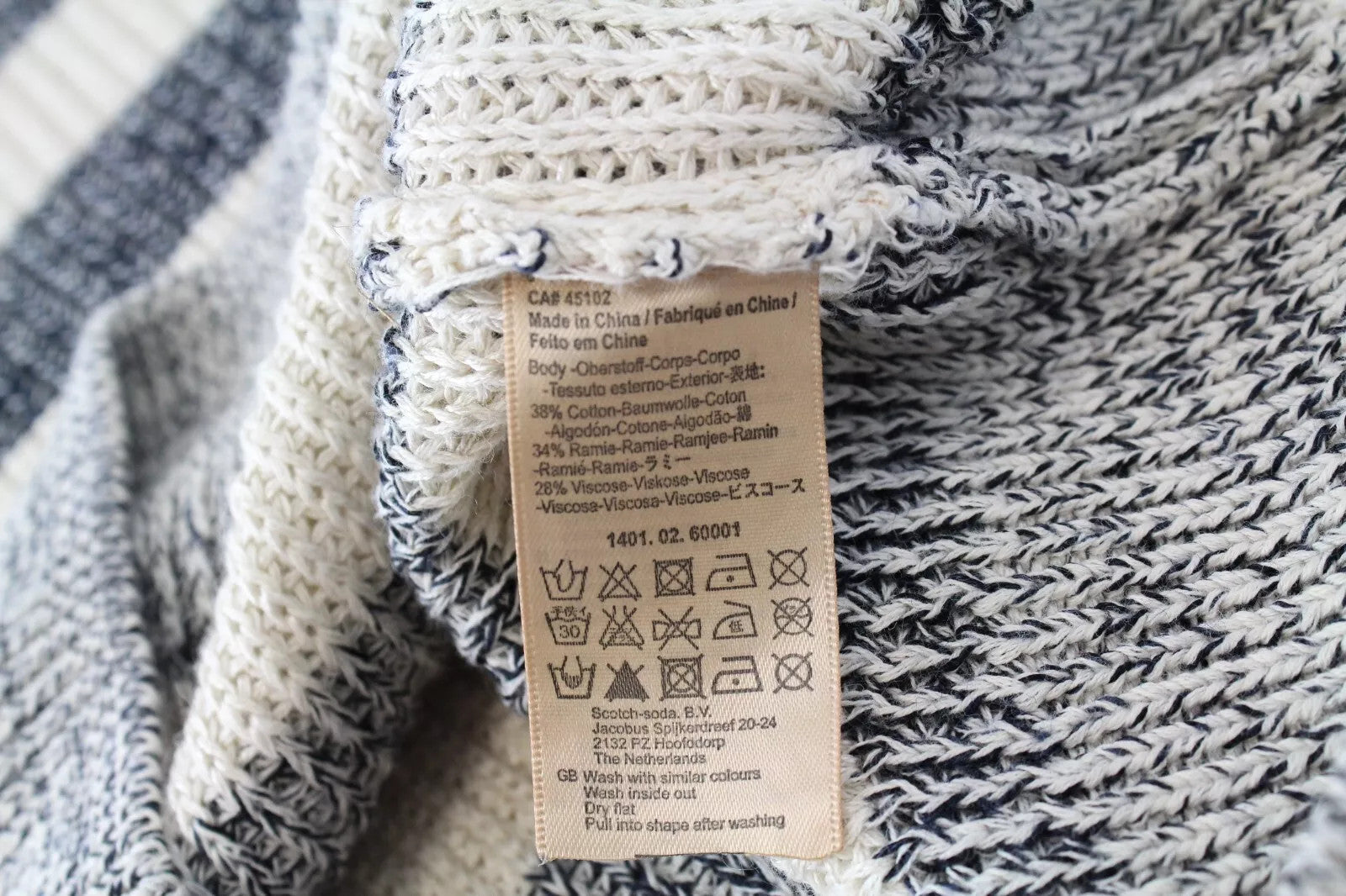 SCOTCH &amp; SODA Ams Couture vyriškas megztinis su smėlio spalvos dryžiais, megztas medvilnės mišinio audinys, 2XL dydis 