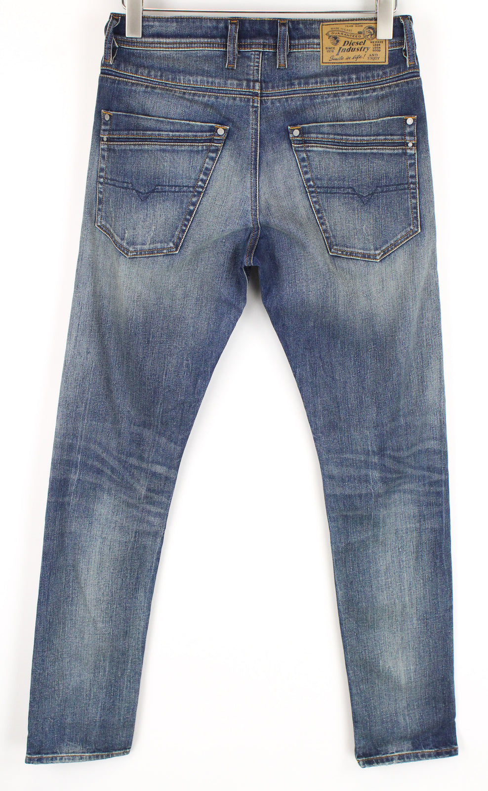 DIESEL Krayver R6ZD4 vyriški mėlyni džinsai W28/L32 Slim morkų spalvos skalbtos medvilnės tamprės 