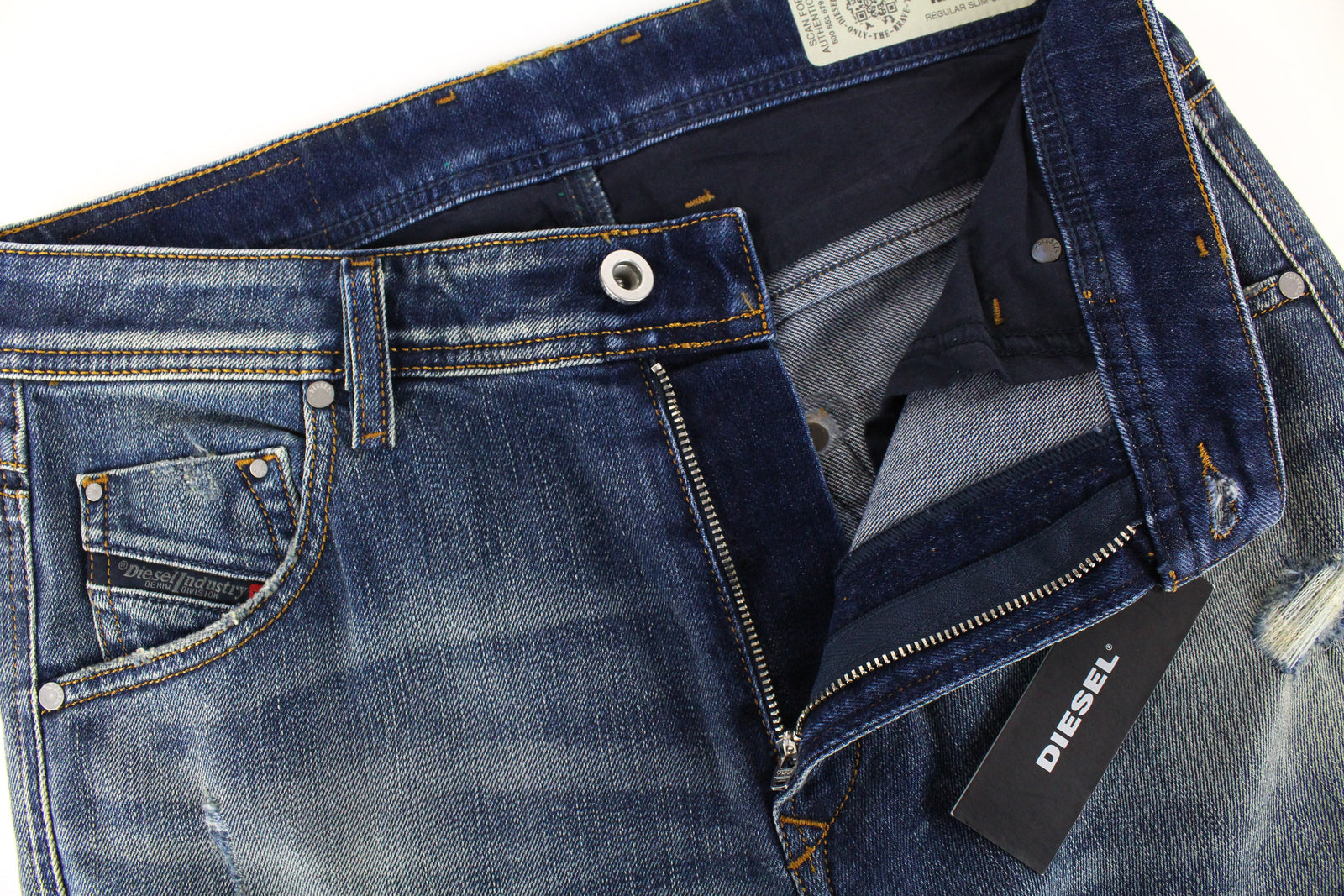 DIESEL Krayver R6ZD4 vyriški mėlyni džinsai W28/L32 Slim morkų spalvos skalbtos medvilnės tamprės 