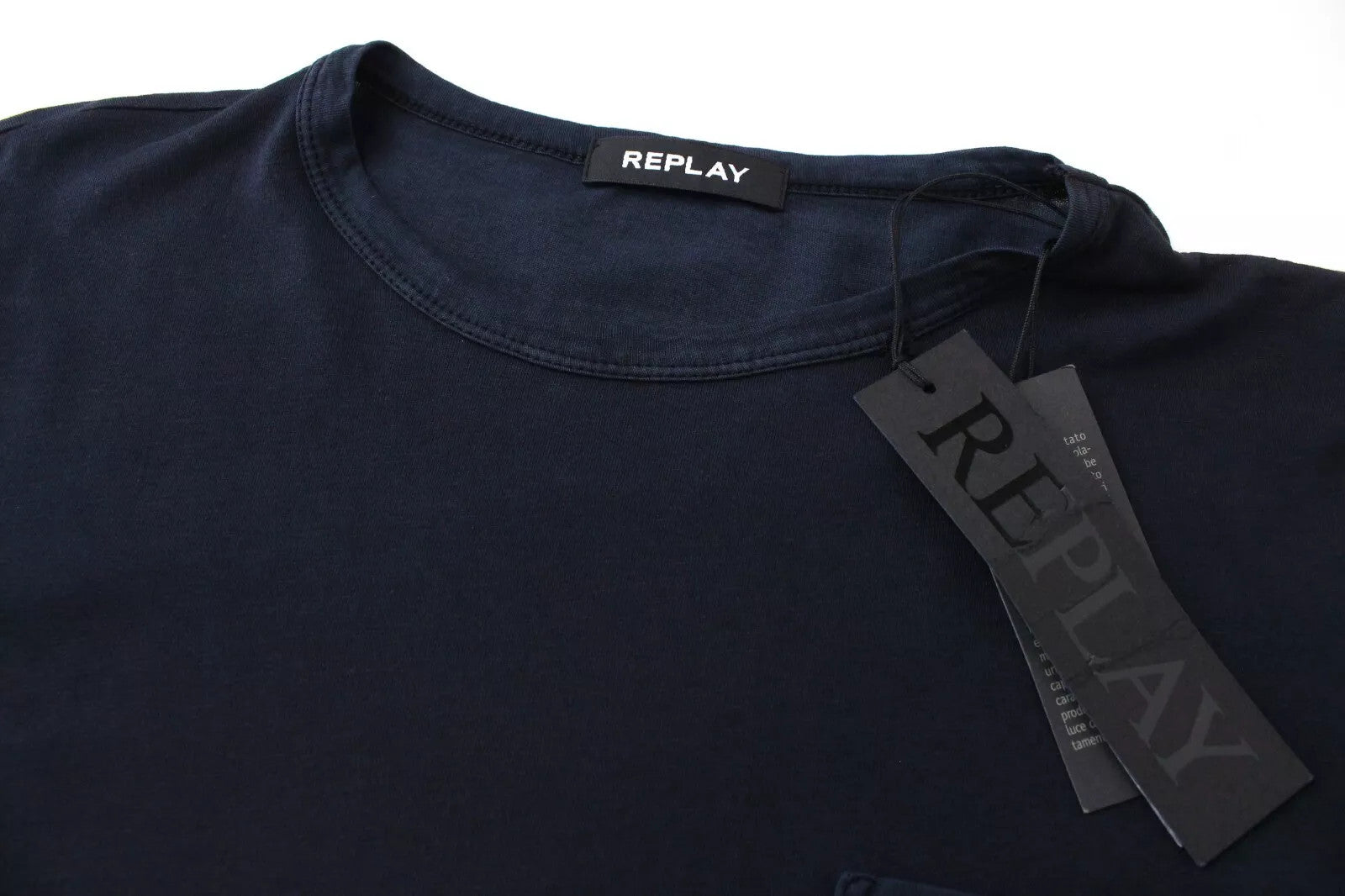 REPLAY Men's T-Shirt S Navy Cotton Long Sleeve Plain Pocketed Pullover