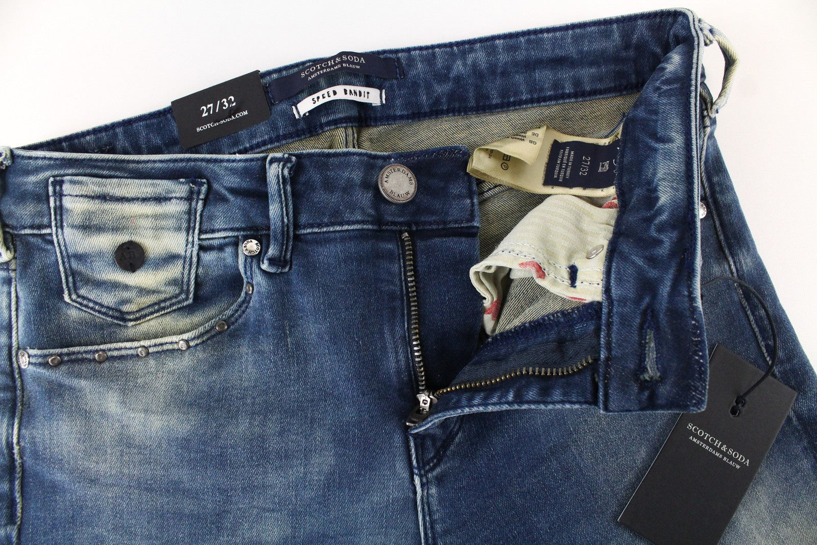 SCOTCH &amp; SODA Ams Blauw moteriški džinsai W27/L32 aptempti mėlyni tamprūs medvilniniai džinsai skalbti 