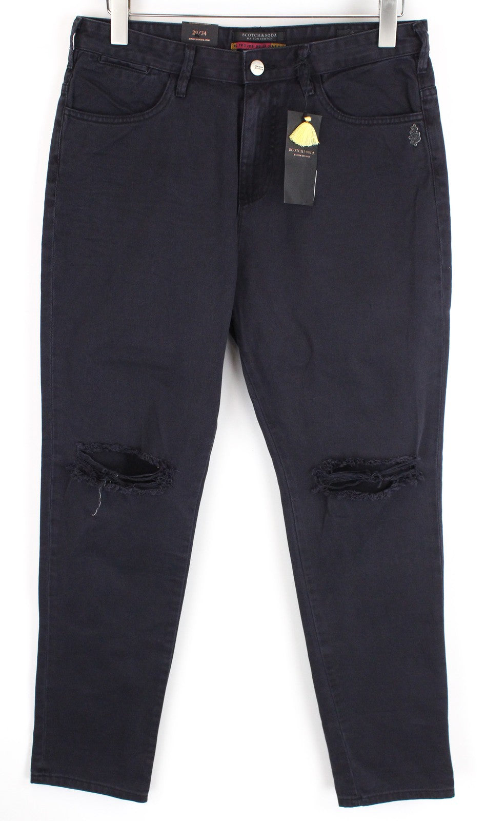 MAISON SCOTCH moteriški džinsai W29/L34 Slim boyfriend fit, medvilniniai, tamsiai mėlyni, su užtrauktuku ir plėšytomis juostelėmis 