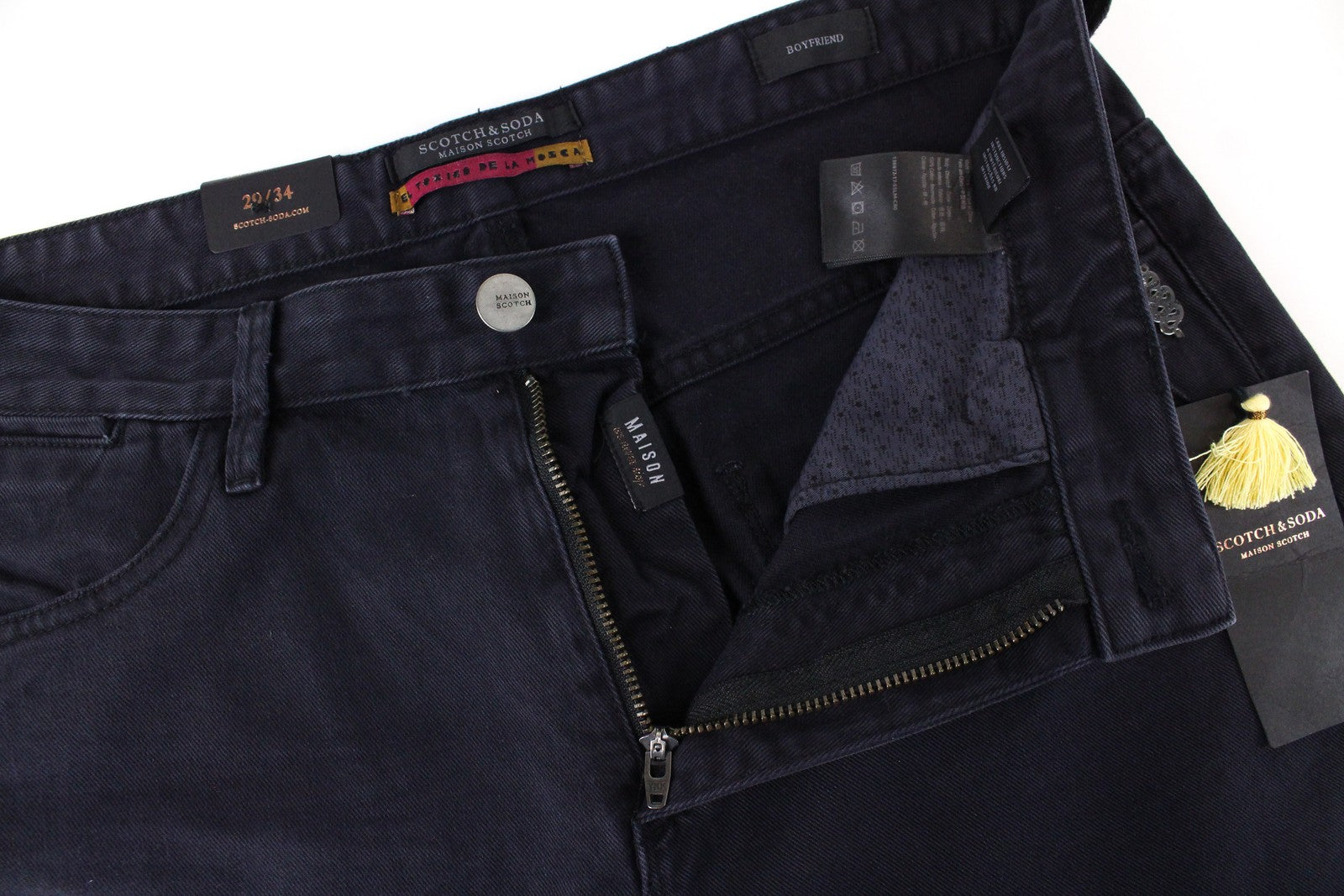 MAISON SCOTCH moteriški džinsai W29/L34 Slim boyfriend fit, medvilniniai, tamsiai mėlyni, su užtrauktuku ir plėšytomis juostelėmis 