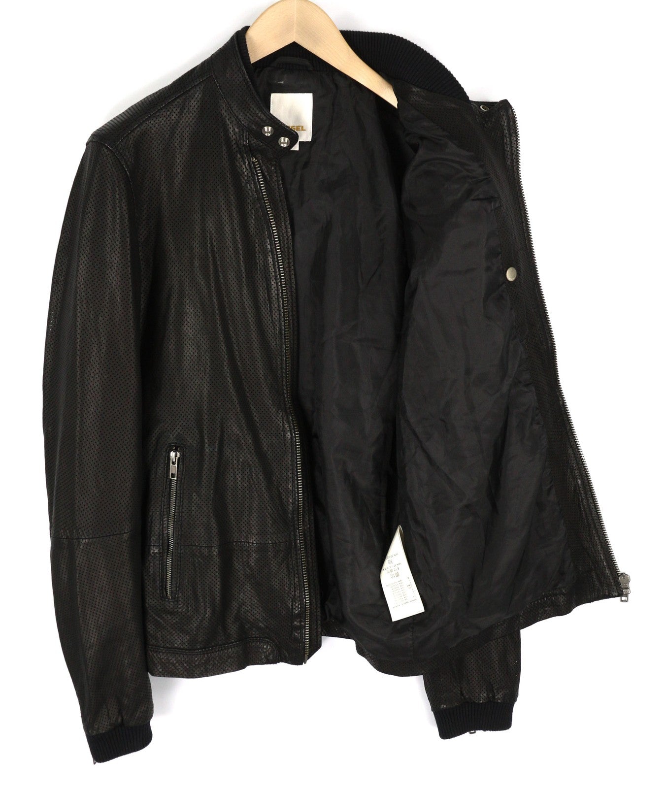 DIESEL vyriška striukė L, juoda, ėriuko odos, asimetrinė, su užtrauktuku, juostele, kaklu, logotipu. 