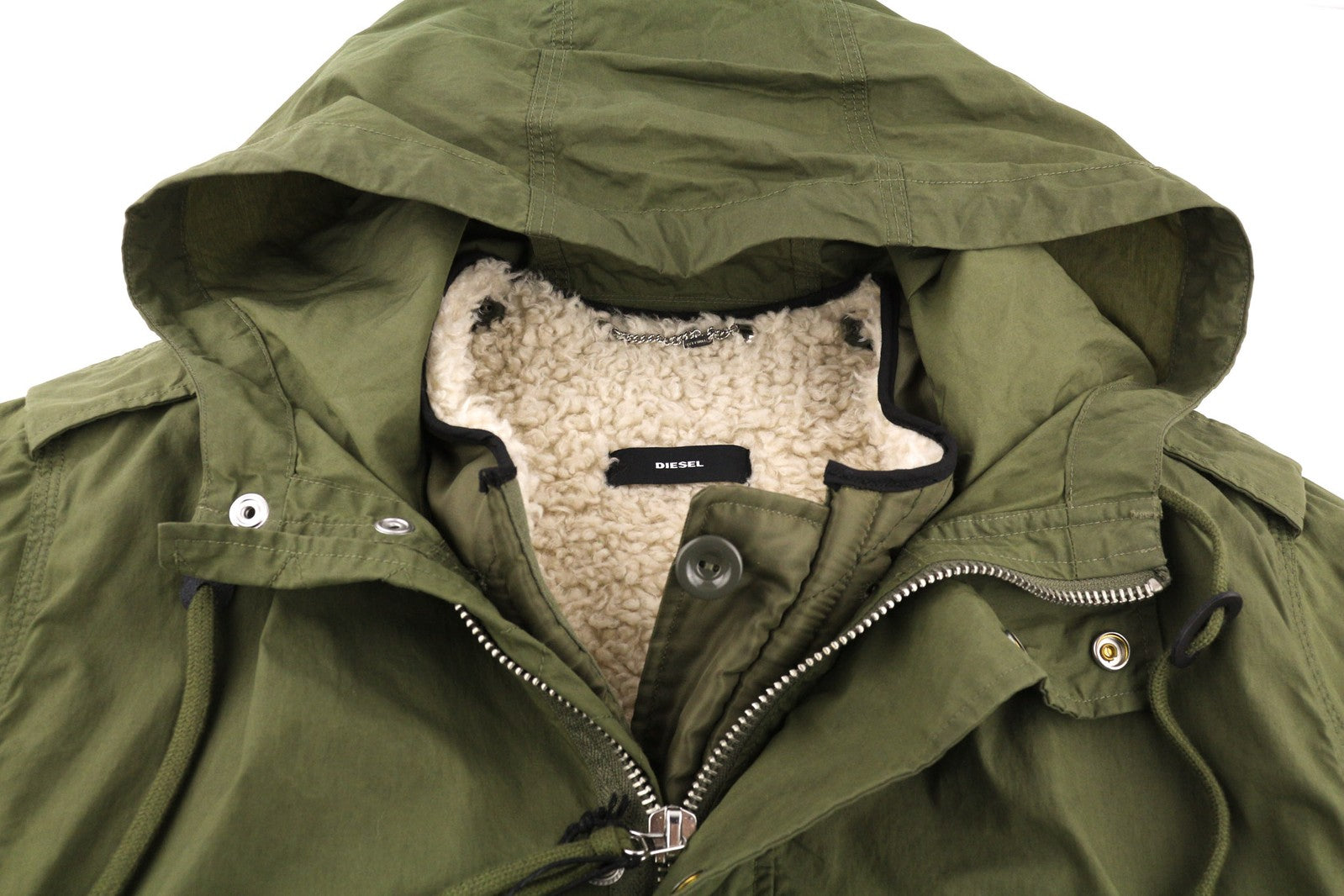 DIESEL W-Terry moteriška striukė S, žalia, parka su užtrauktuku ir gobtuvu, šerpų pamušalu. RMK 395 € 