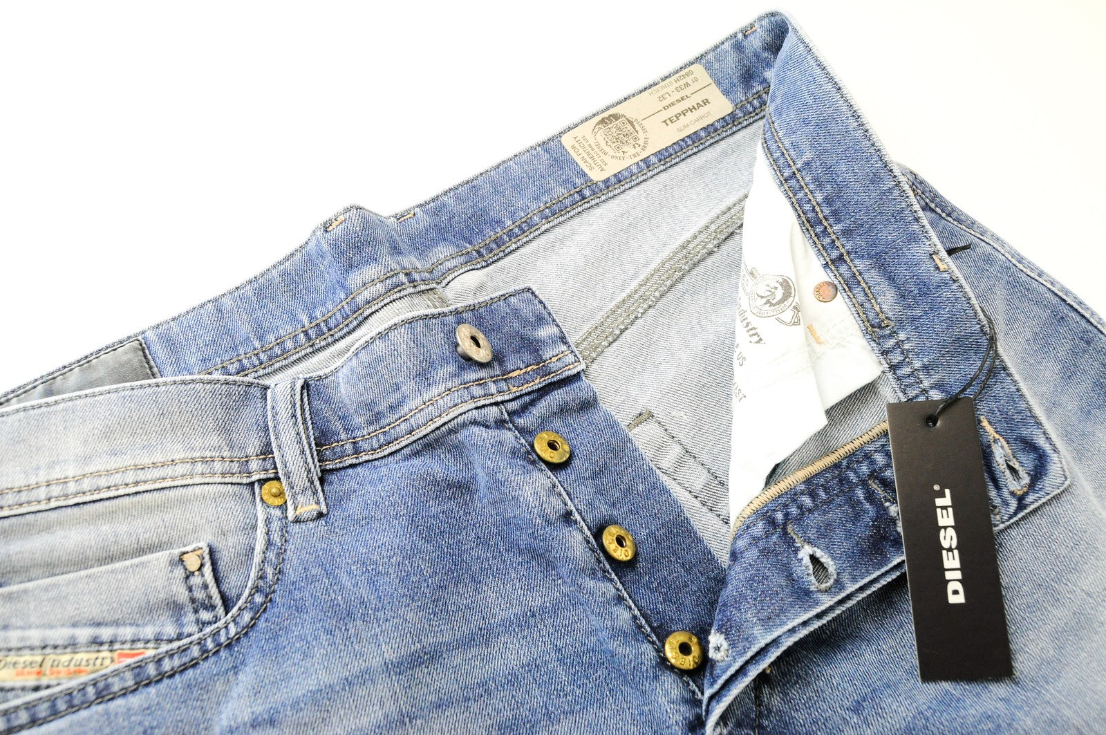 DIESEL Tepphar 0842H vyriški džinsai W33/L32 Slim Carrot Fit šviesiai mėlyni, tamprūs 