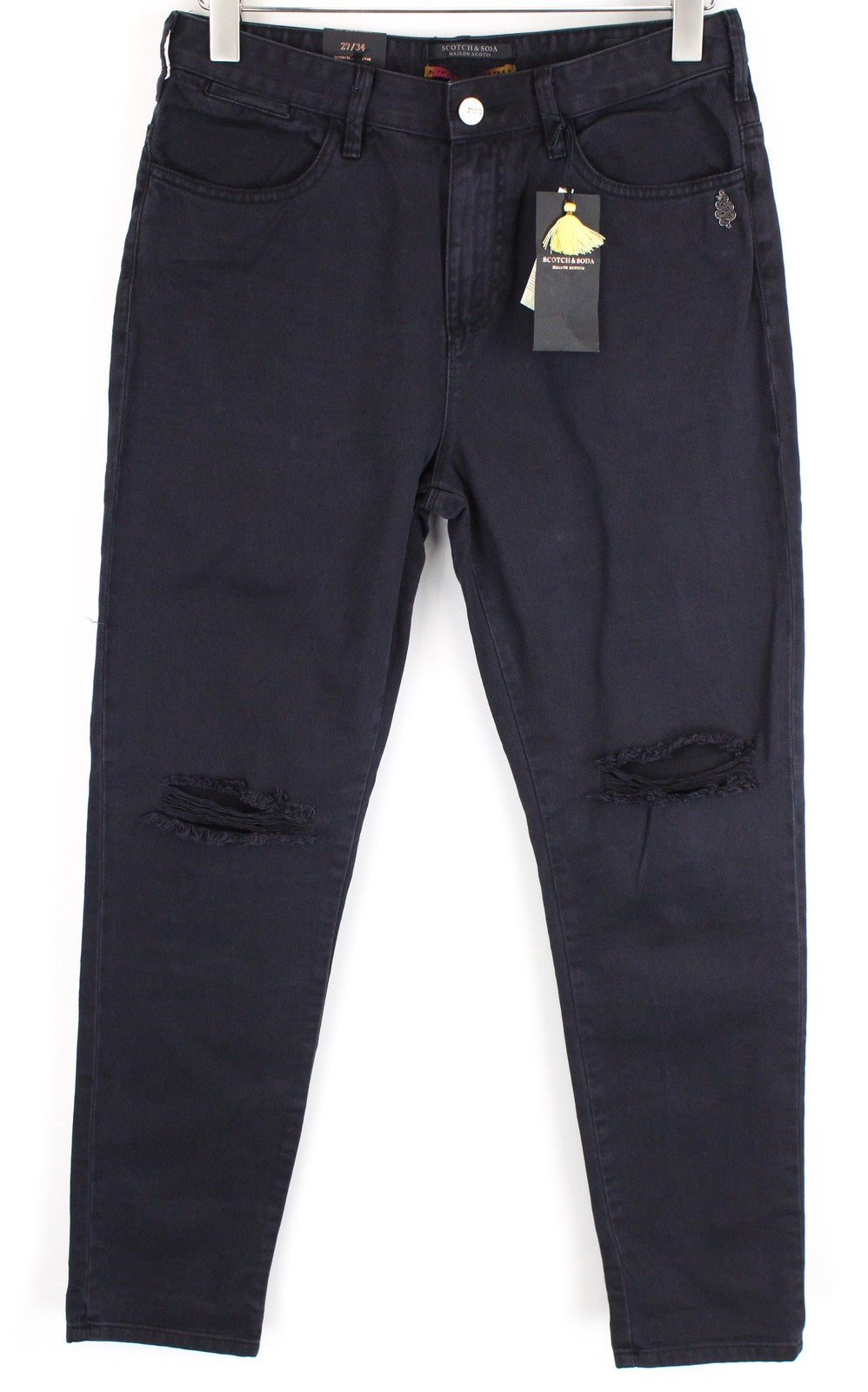 MAISON SCOTCH moteriški džinsai W27/L34 Slim boyfriend fit, plėšyti, tamsiai mėlyni, dažyta medvilnė 