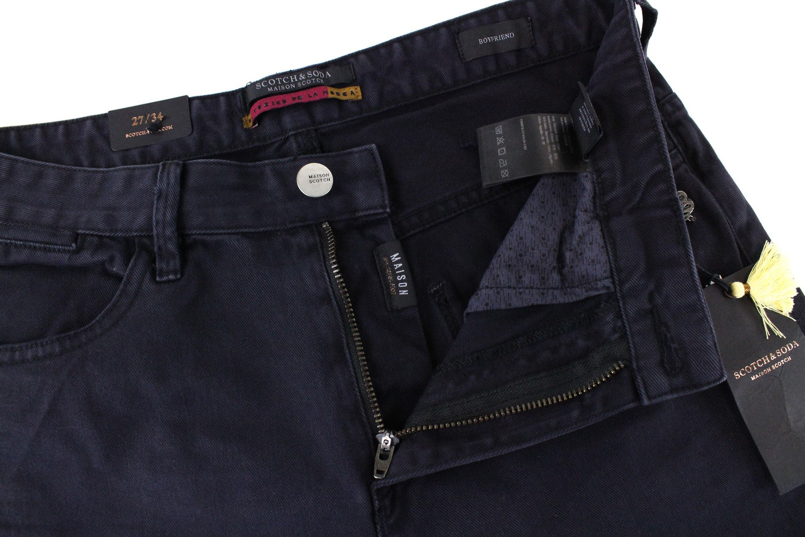 MAISON SCOTCH moteriški džinsai W27/L34 Slim boyfriend fit, plėšyti, tamsiai mėlyni, dažyta medvilnė 