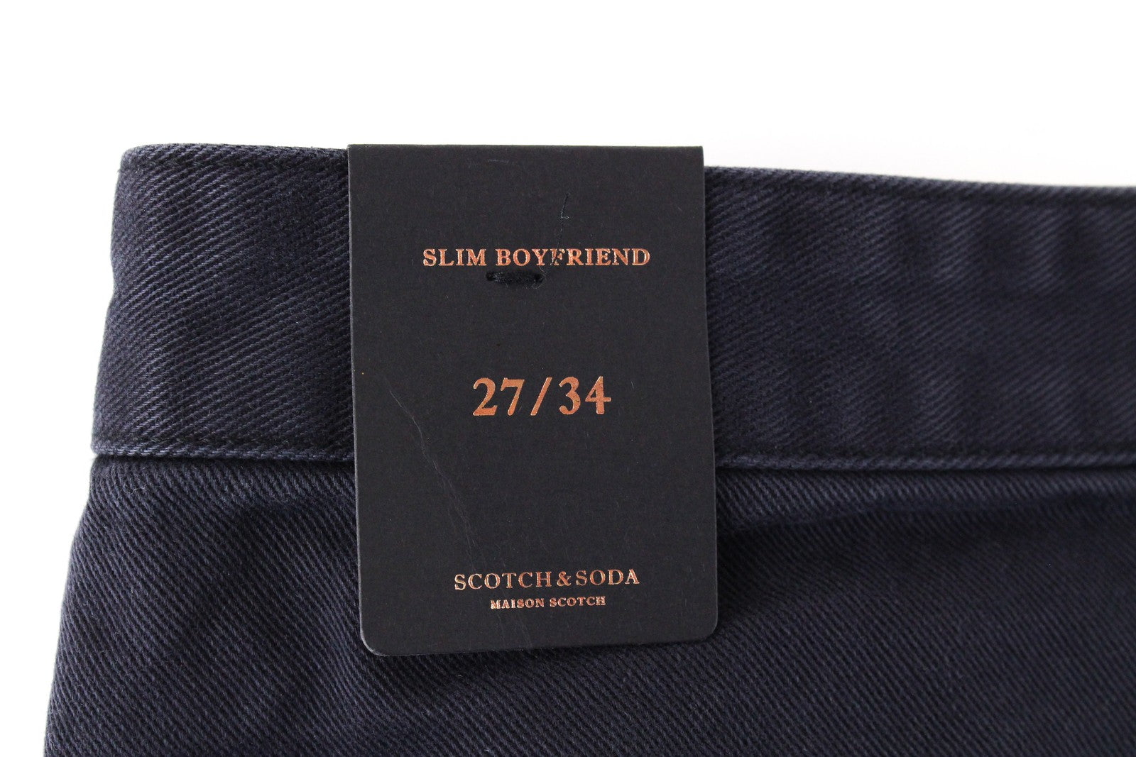 MAISON SCOTCH moteriški džinsai W27/L34 Slim boyfriend fit, plėšyti, tamsiai mėlyni, dažyta medvilnė 