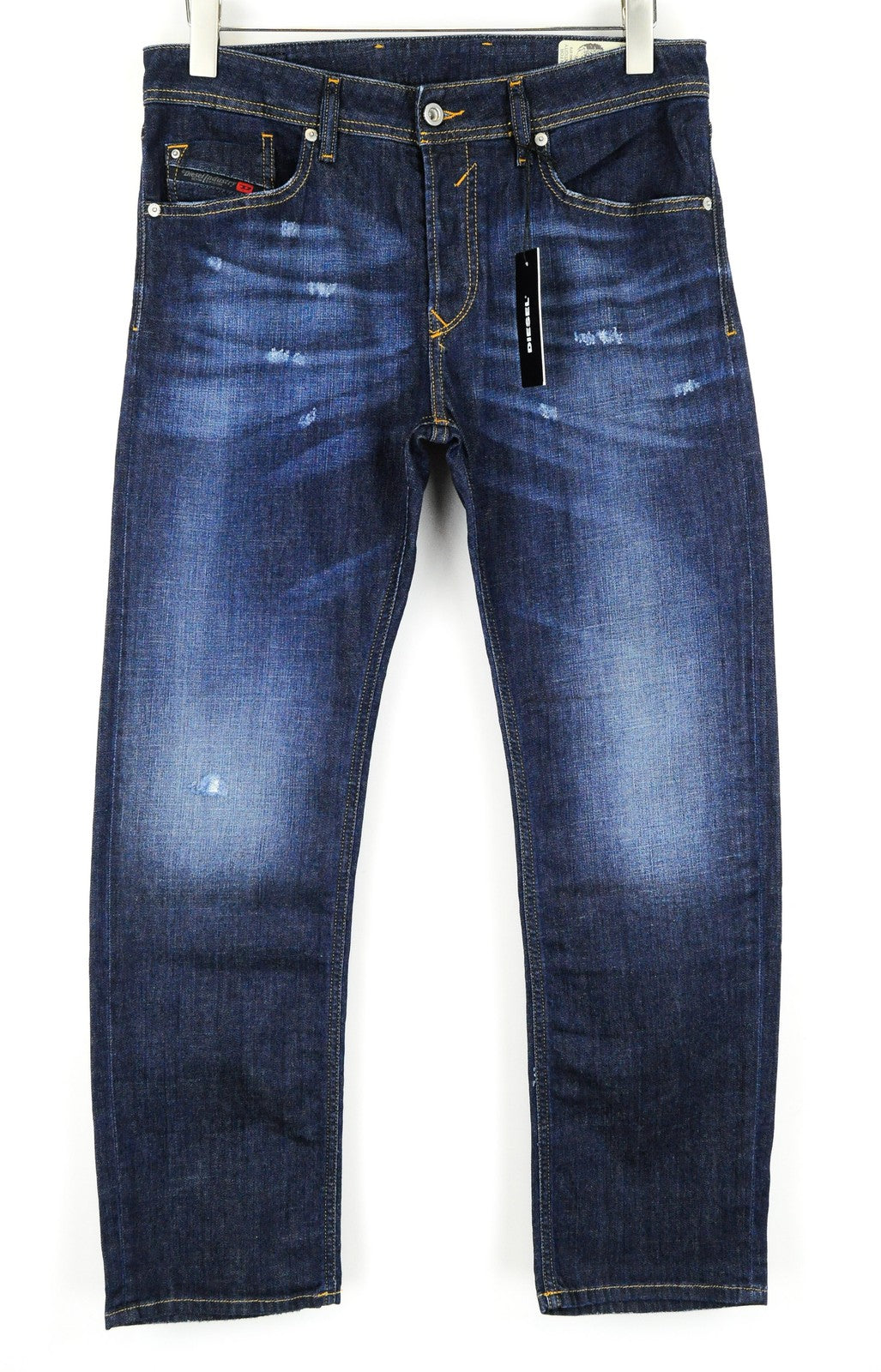 DIESEL Waykee R7NA8 vyriški džinsai W28/L30, skalbtos tamsiai mėlynos medvilnės, tiesios klešnės 