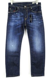 DIESEL Waykee R7NA8 vyriški džinsai W28/L30, skalbtos tamsiai mėlynos medvilnės, tiesios klešnės 