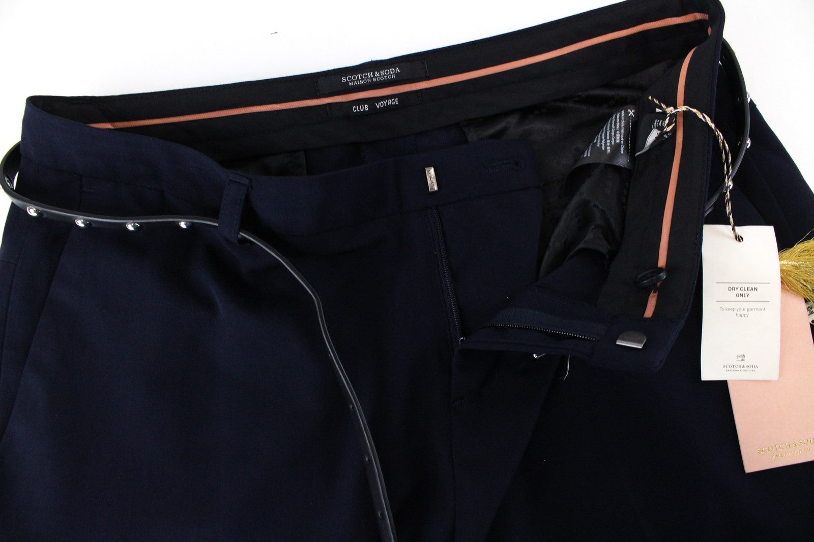 MAISON SCOTCH Women Trousers S Navy Slim Pleated Belted Stretch Classic