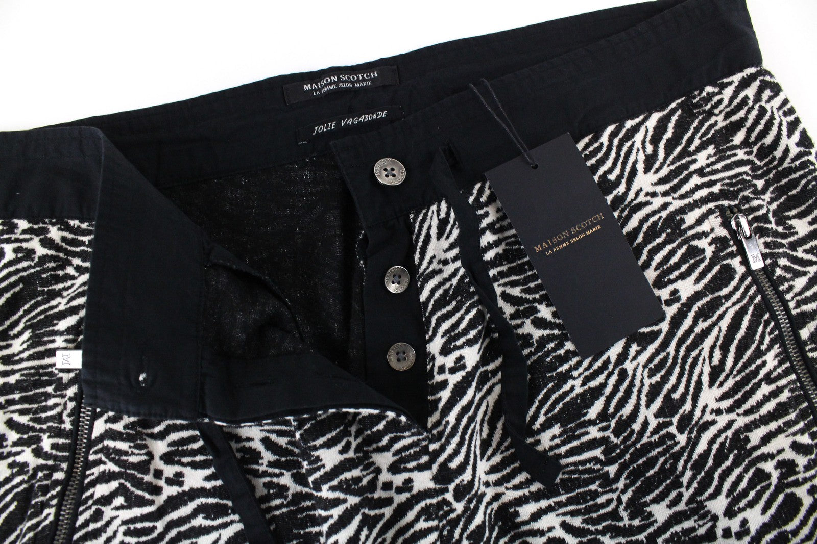 MAISON SCOTCH Women Trousers L Black White Slim Zebra Patterned Cotton Blend