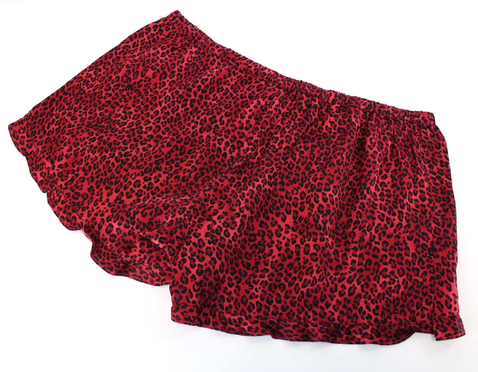 MAISON SCOTCH moteriški šortai L dydžio raudoni su gepardo raštu ir raukiniais, užsimaunami medvilnės mišinio šortai 