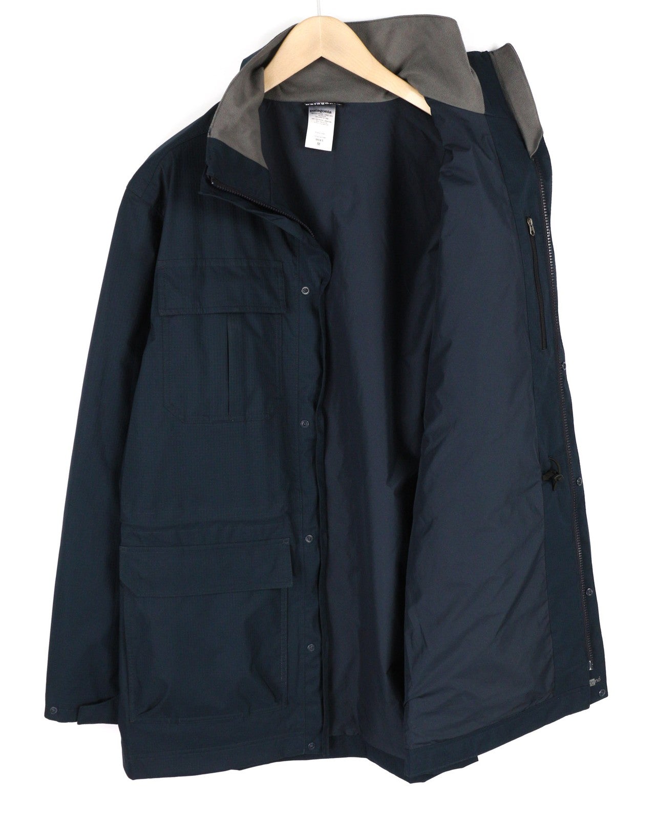 PATAGONIA vyriška striukė M tamsiai mėlyna ekologiška lietaus striukė su užtrauktuku, aukštu kaklu, logotipu, plona H2NO 