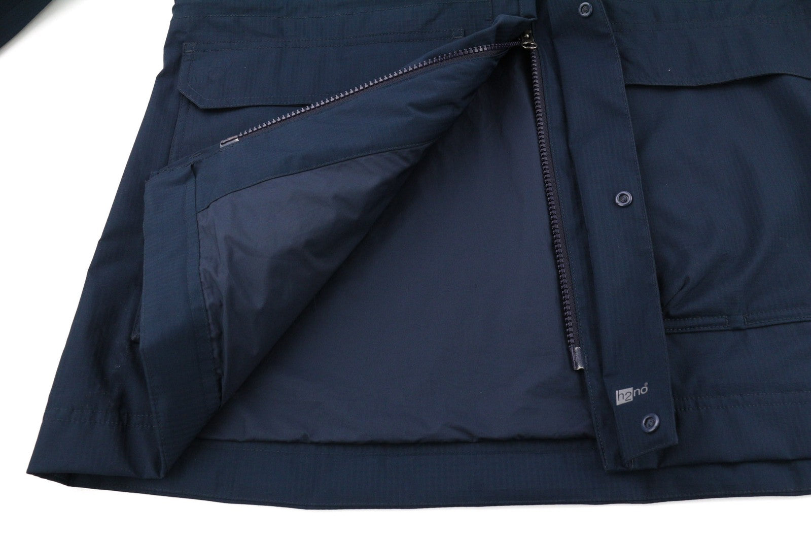 PATAGONIA vyriška striukė M tamsiai mėlyna ekologiška lietaus striukė su užtrauktuku, aukštu kaklu, logotipu, plona H2NO 