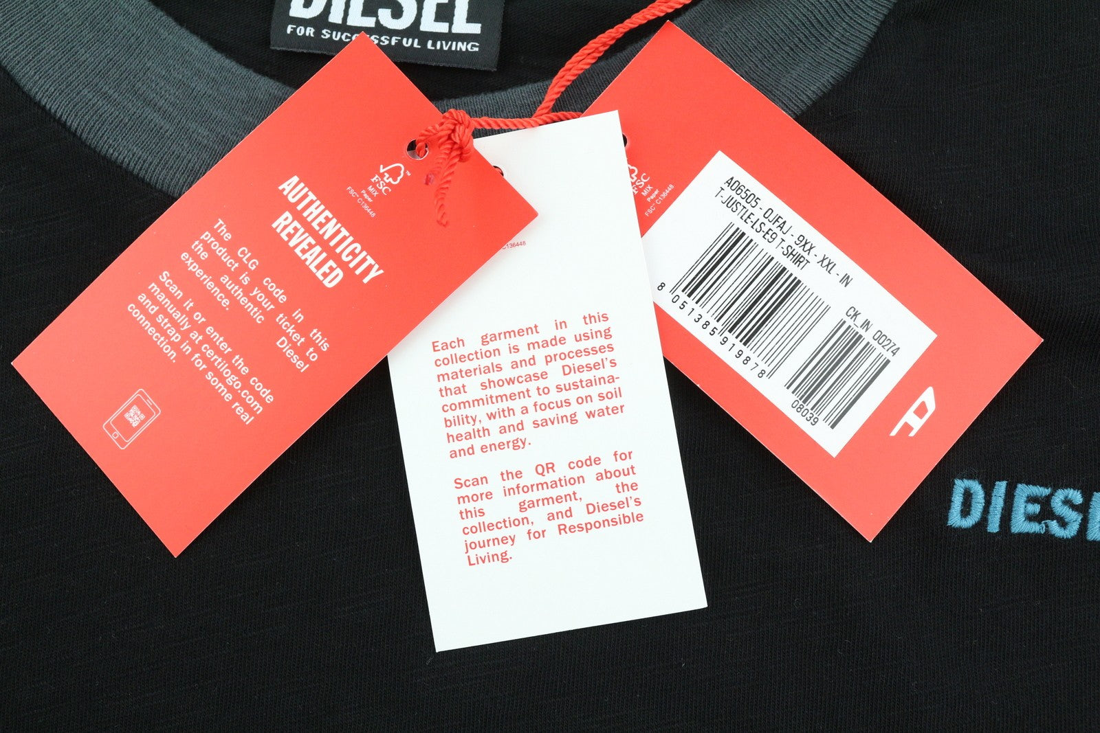 DIESEL T-Justle-LS-E9 vyriški marškinėliai, 2XL, juodi, ilgomis rankovėmis, apvalia apykakle, medvilniniai, RRP 135 € 