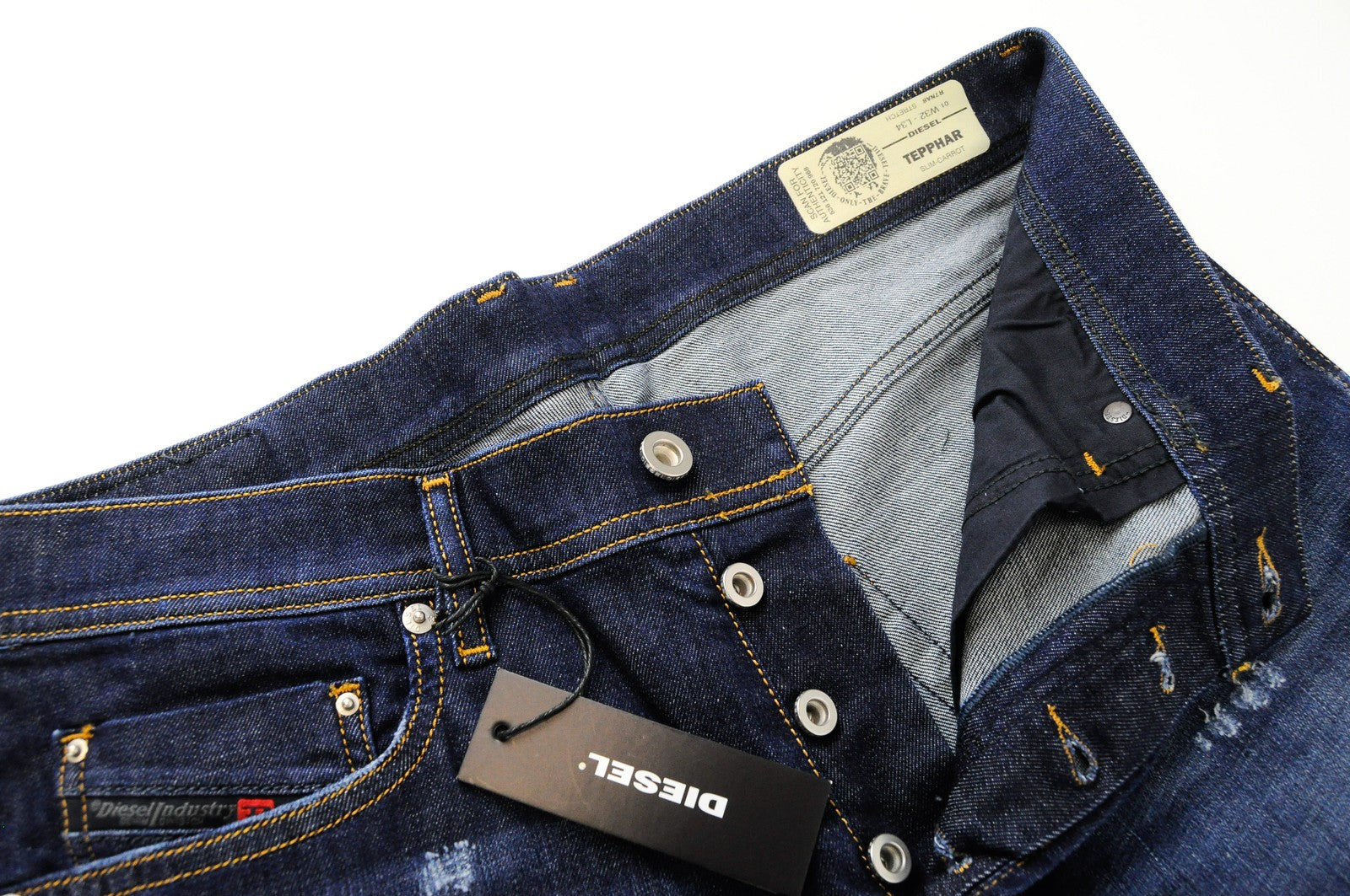 DIESEL Tepphar R7NA8 vyriški džinsai W32/L34 ploni, morkų spalvos, skalbtos, mėlynos, tamprios kelnės 