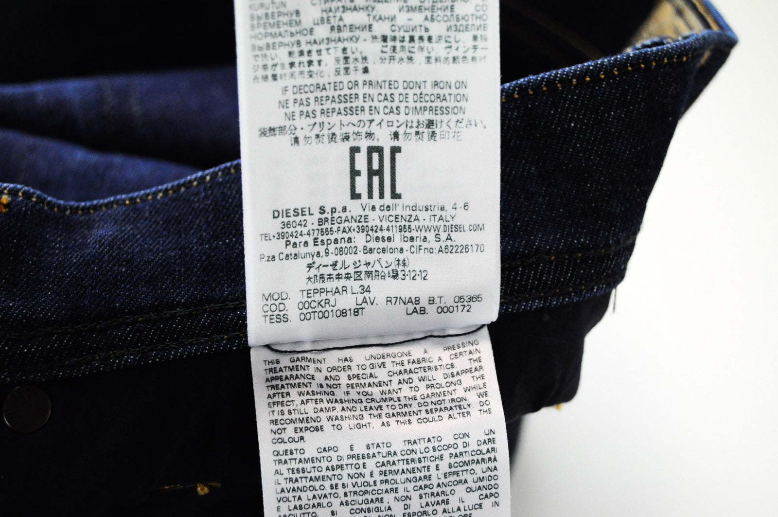 DIESEL Tepphar R7NA8 vyriški džinsai W32/L34 ploni, morkų spalvos, skalbtos, mėlynos, tamprios kelnės 