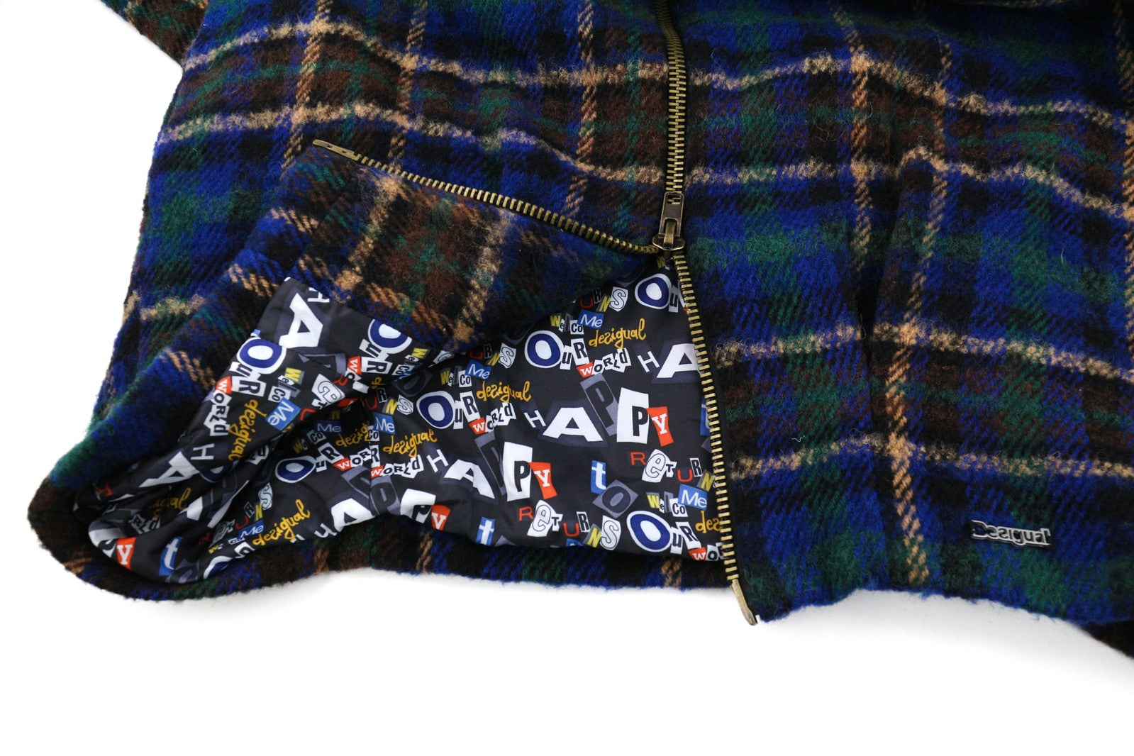 DESIGUAL moteriškas paltas ~L trumpomis rankovėmis, vilnos mišinio aukštu kaklu, languotais logotipo kišenėmis 