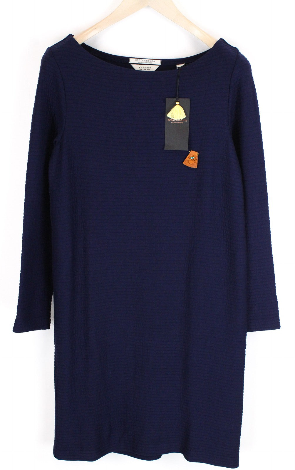 MAISON SCOTCH Women Dress S Blue Long Sleeved Round Neck Ribbed Stretch